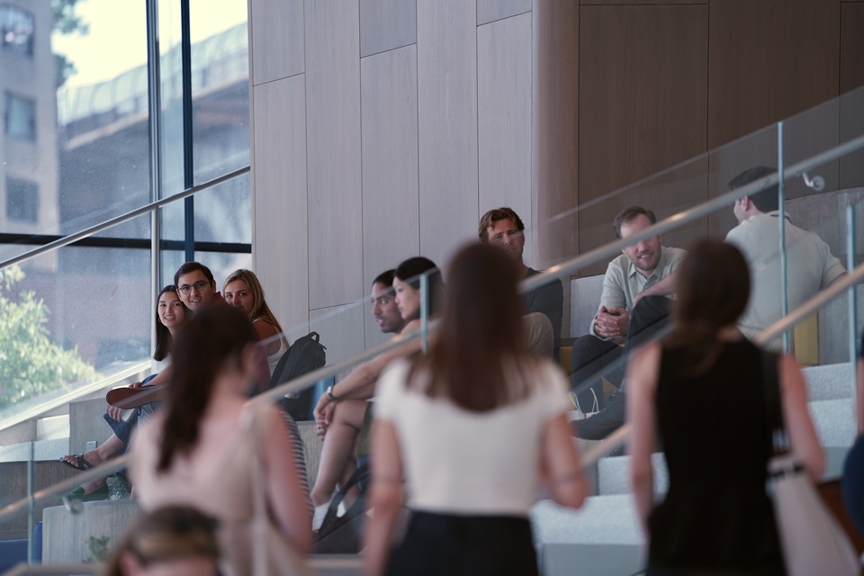 Students inside Kravis Hall on the Manhattanville campus of Columbia Business School