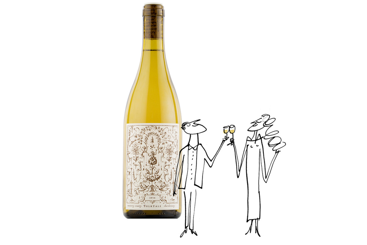 A cartoon woman and man toasting in front of a wine botte.