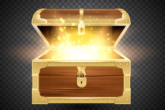 Free vector shine in old wooden chest realistic composition on transparent background with vintage coffer and sparkling gold