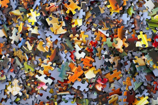 a large pile of puzzle pieces