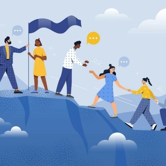 Illustration of people helping each other climb a mountain