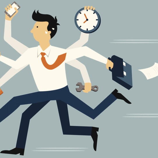 Man running with multiple legs and arms holding a laptop, phone, clock, briefcase, notepad, and wrench